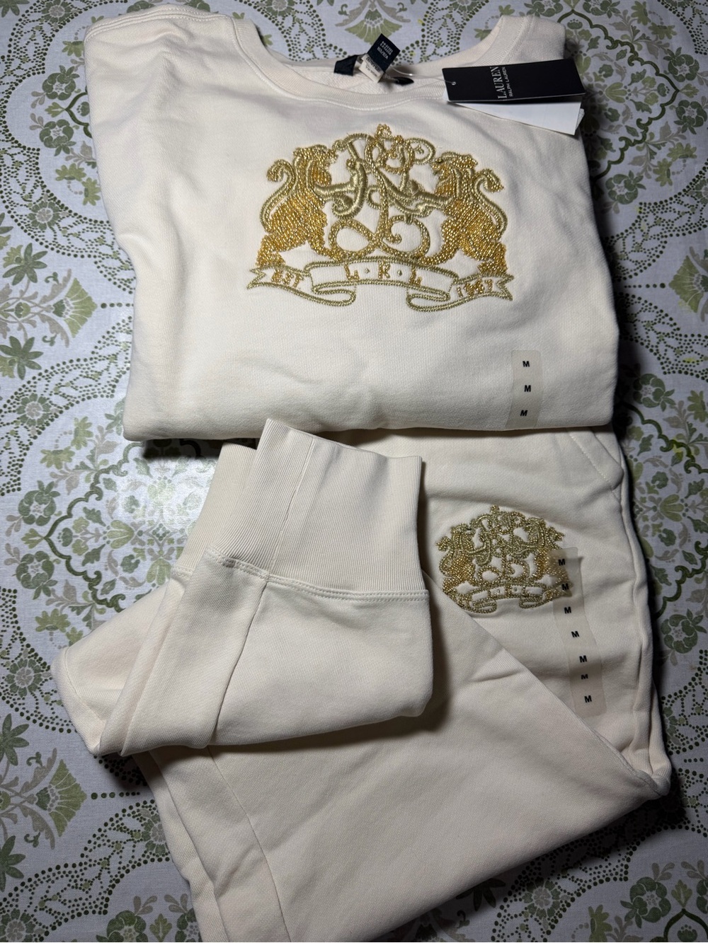 Lauren Ralph Lauren Cream Jeggings Set with Gold Crest Embroidery